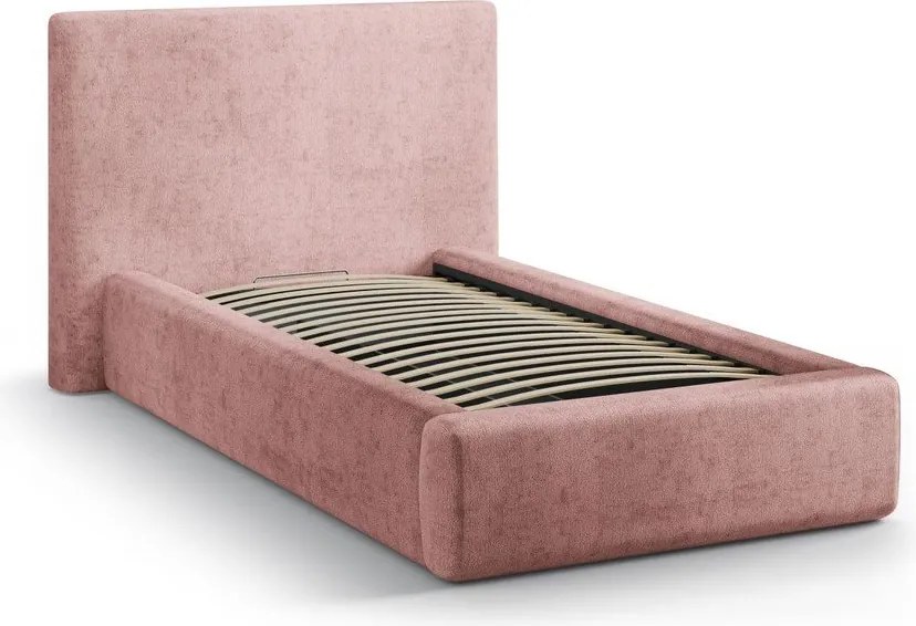 Letto singolo imbottito rosa con contenitore con rete inclusa 90x200 cm Amy – Micadoni