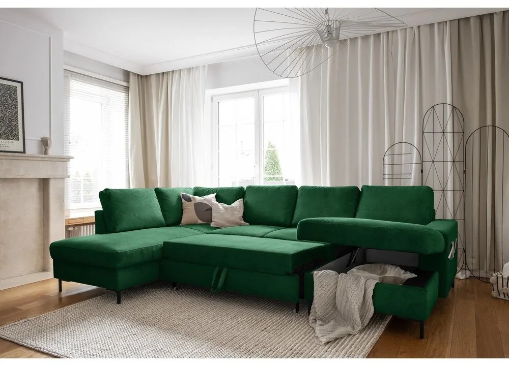 Divano letto in velluto a coste verde scuro (angolo sinistro) Lofty Lilly - Miuform