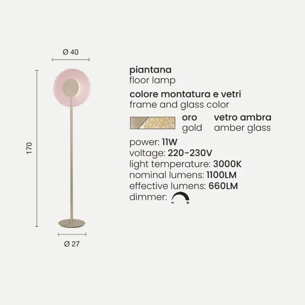 Piantana CANDY a LED in metallo Oro e vetro graniglia Ambra H170 cm