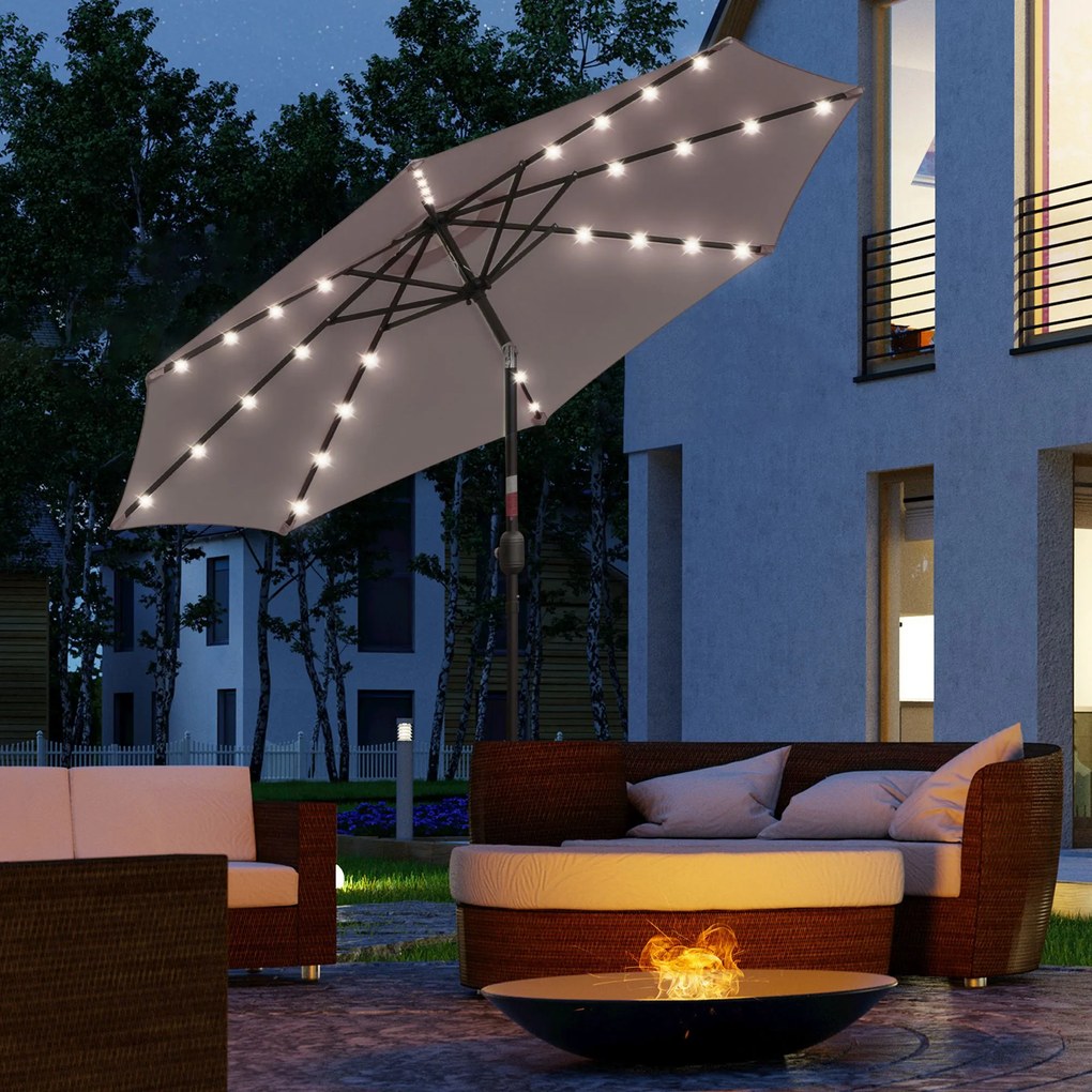 Ombrellone da Giardino Inclinabile Ø265 cm con 32 Luci LED Solari e Manovella Grigio...