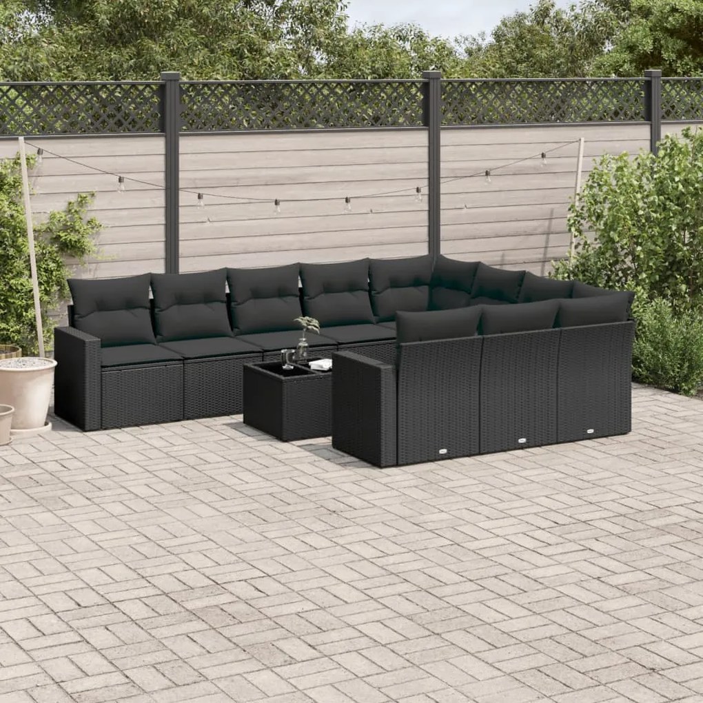 Set divani da giardino 11 pz con cuscini in polyrattan nero