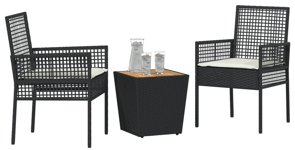 Set da giardino bistro 3 pezzi con cuscini nero rattan sintetico
