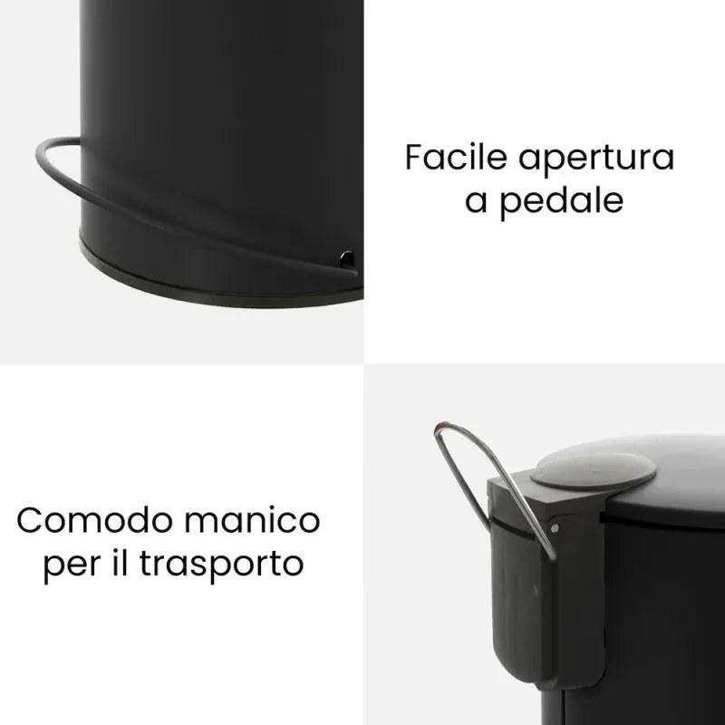 Pattumiera in acciaio 3 litri nero soft-close con secchio estraibile Spring