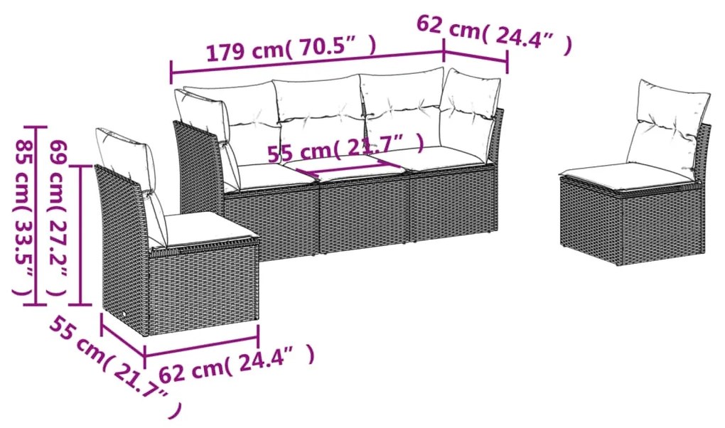Set divano da giardino 5 pz con cuscini beige in polyrattan