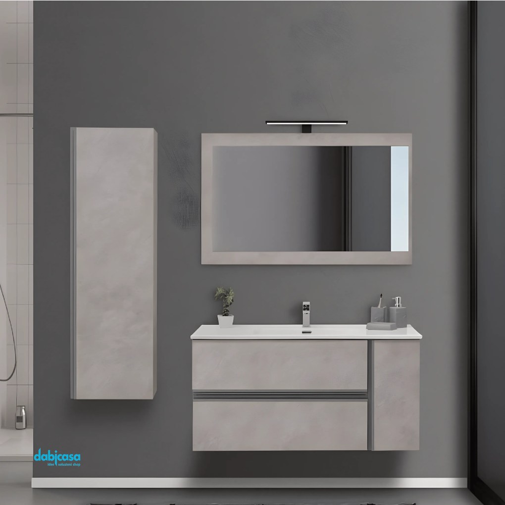 Mobile Bagno Sospeso "Oxid" Da 110 Cm Con Due Cassetti Ed Un'Anta Lavabo E Specchio Su Pannello Finitura Beton Cenere