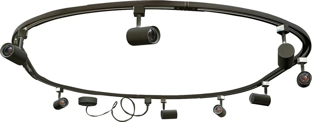 Sistema di illuminazione a binario moderno con 8 faretti neri, monofase, ovale, 200 cm - Iconic Jeana