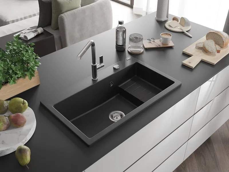 Mexen Omar lavello da cucina in granito 1 vasca 800 x 480 mm, nero, sifone cromato - 6520801005-77