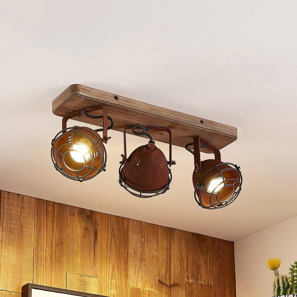 Farovi da soffitto Lindby, ruggine, 45 cm, a 3 luci, legno, GU10 dimmerabile, Marrone / Ruggine, Soggiorno / Sala da pranzo, Legno, Industriale, Faretto