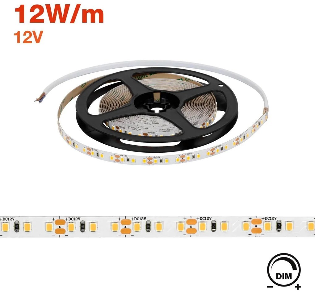 Striscia LED 2835/120 12V 12W/m IP20 5m Colore Bianco Caldo 3.000K