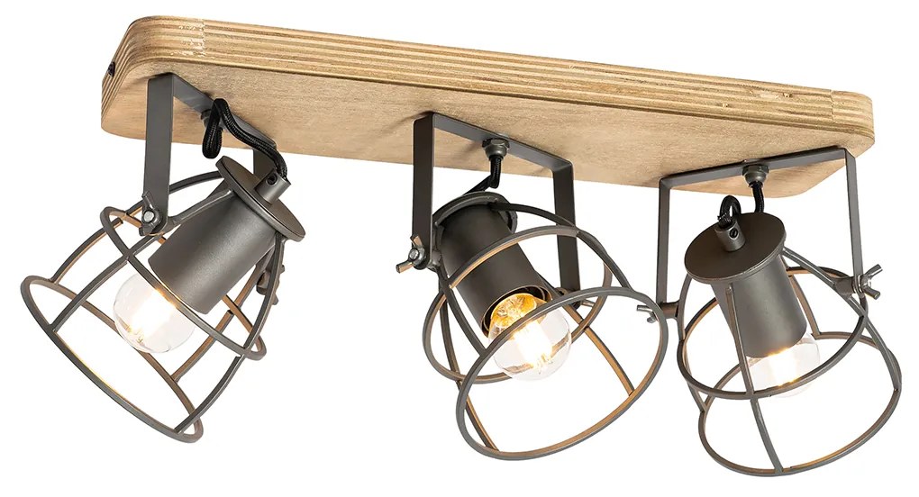 Faretto industriale grigio scuro con legno regolabile 3 luci - Arthur