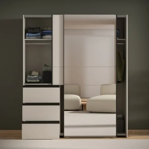 Armadio Guardaroba Scorrevole Con Specchio 170x60x200 Cm 3 Cassetti Winn Sabbia