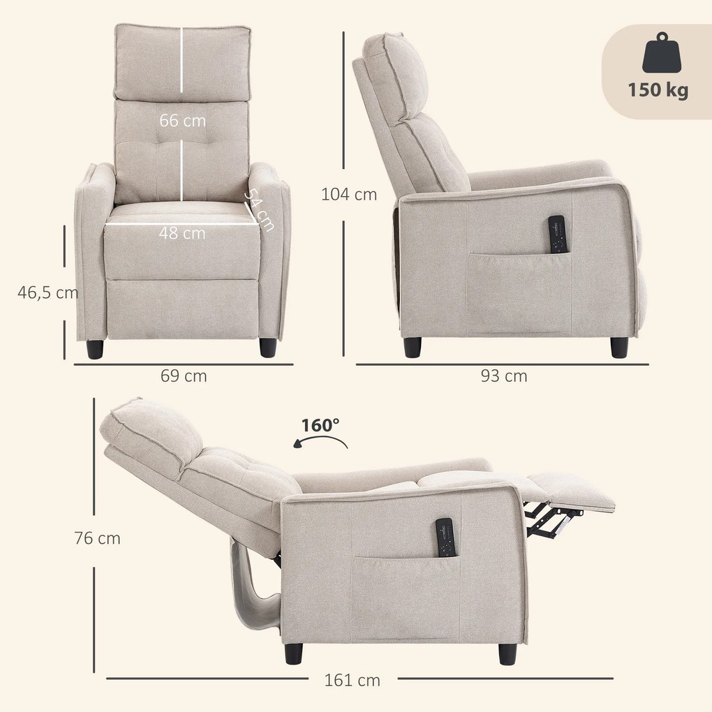 Poltrona Massaggiante 69x93x104 cm Reclinabile a 160° con Poggiapiedi e Telecomando Effetto Lino Bianco Crema...