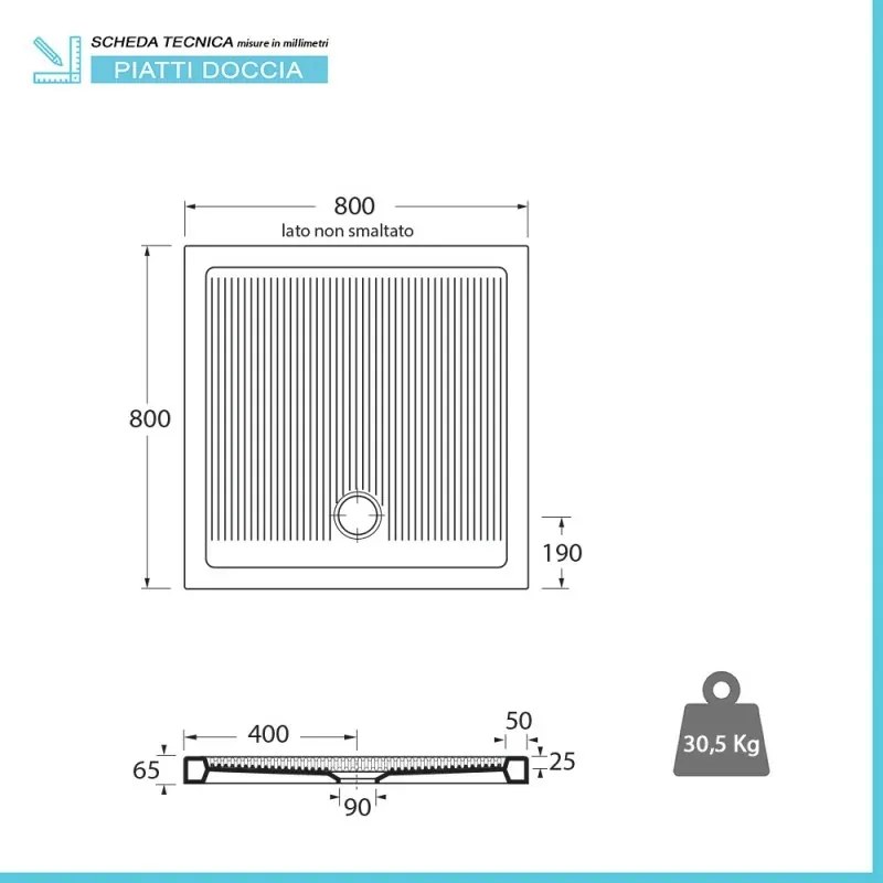 Piatto doccia 80x80 H 6.5 quadrato in ceramica bianca con antiscivolo Ferdy