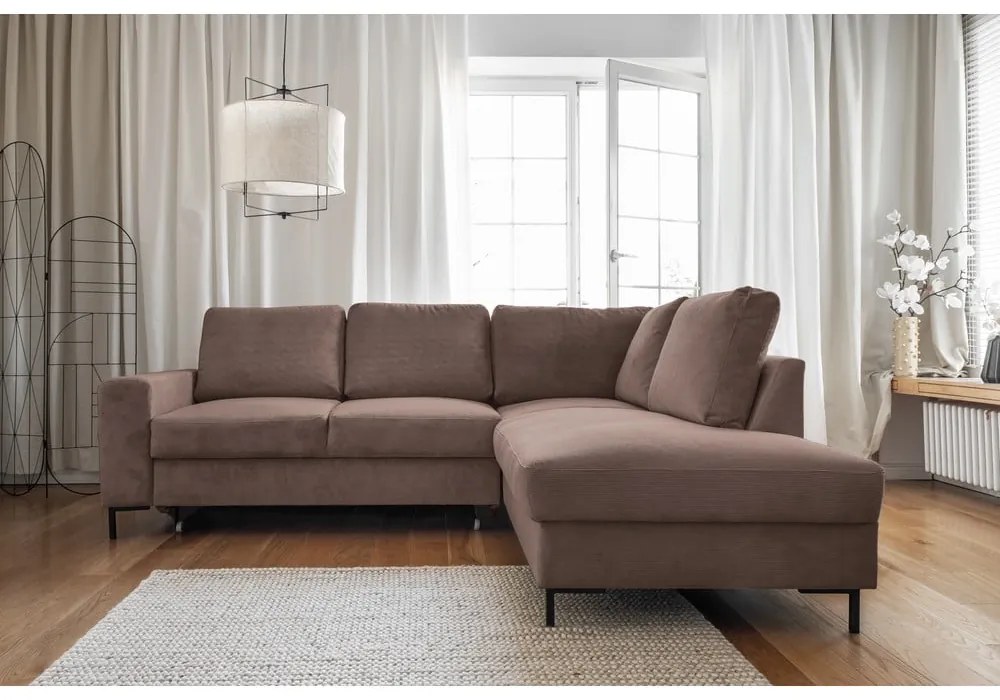 Divano letto angolare in velluto a coste marrone (angolo destro) Lofty Lilly - Miuform
