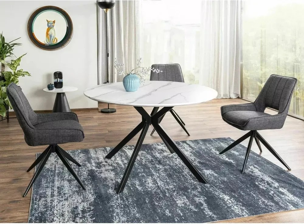 Tavolo Aster rotondo con piano effetto marmo bianco e struttura in metallo nero opaco – Ø120 cm