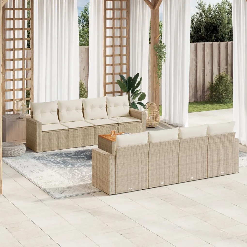 Set divano da giardino 9 pz con cuscini beige in polyrattan