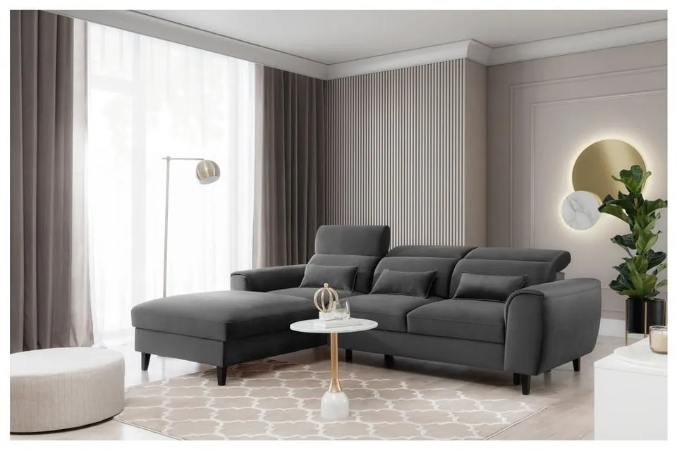 Divano angolare grigio scuro allungabile/con contenitore (con penisola a sinistra/con chaise lounge) e rivestimento in velluto Foble – ELTAP