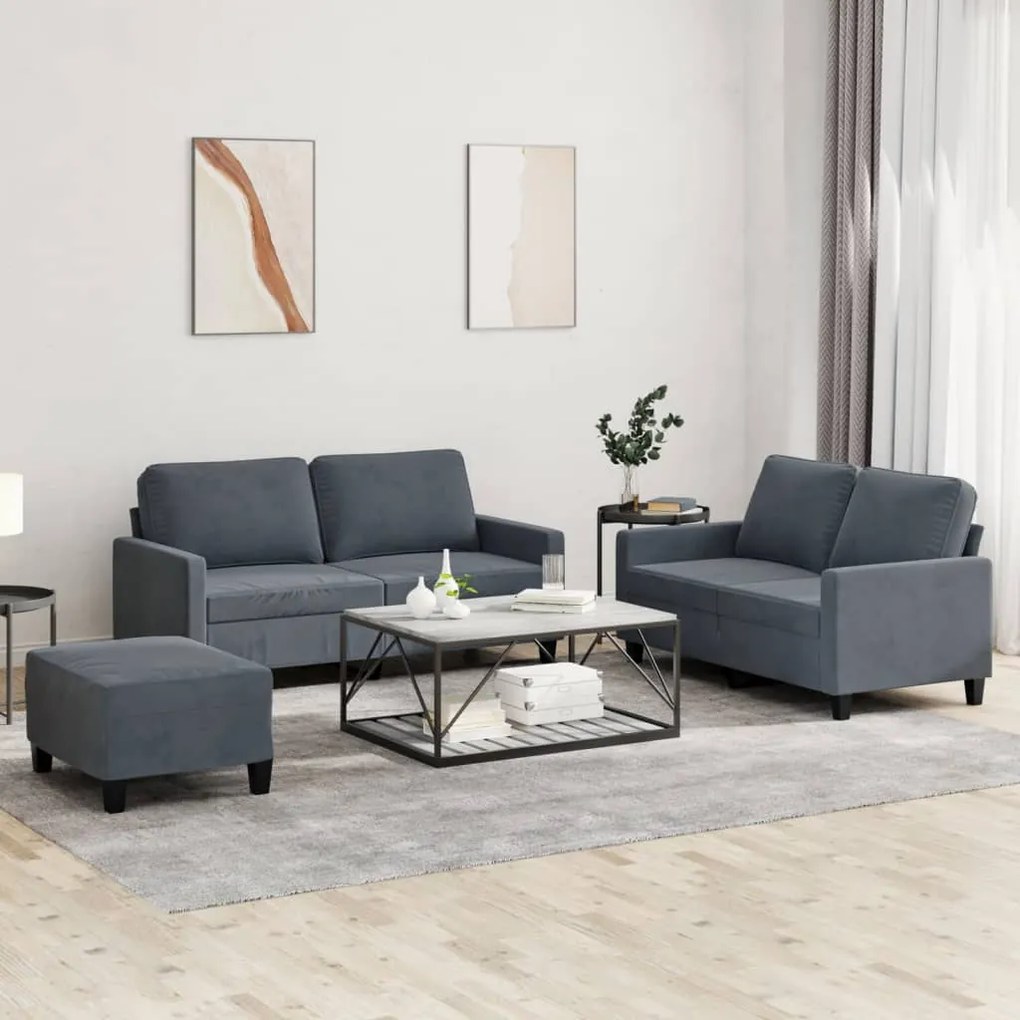 Set Di Divani 3 Pz Con Cuscini Grigio Scuro İn Velluto /