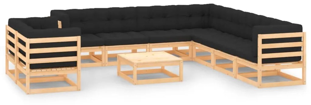 Set Salotto Giardino 10pz Cuscini Antracite Legno Massello Pino