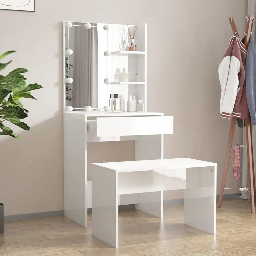 Set tavolo da toeletta bianco lucido con led legno multistrato
