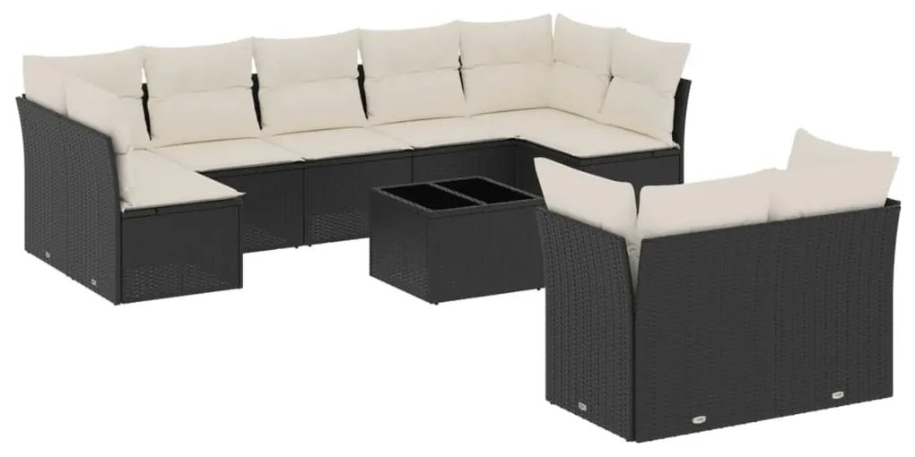 Set divani da giardino 10pz con cuscini in polyrattan nero