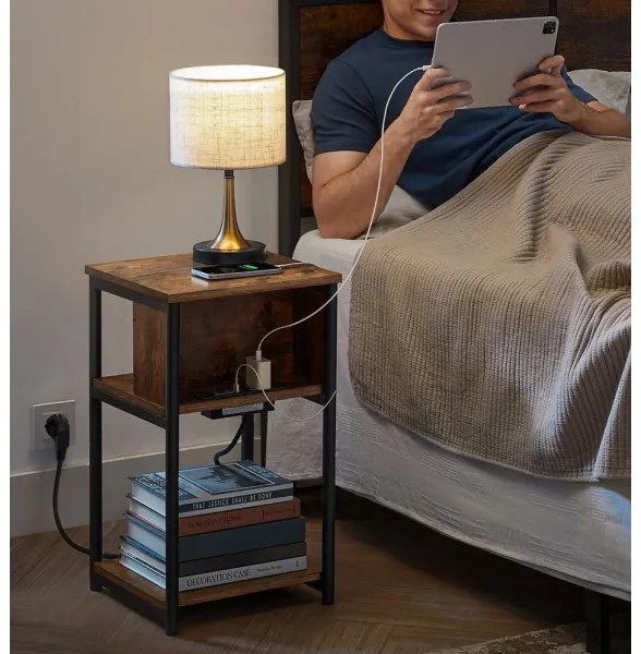 Tavolino da appoggio con prese integrate e porte USB ROD marrone/nero