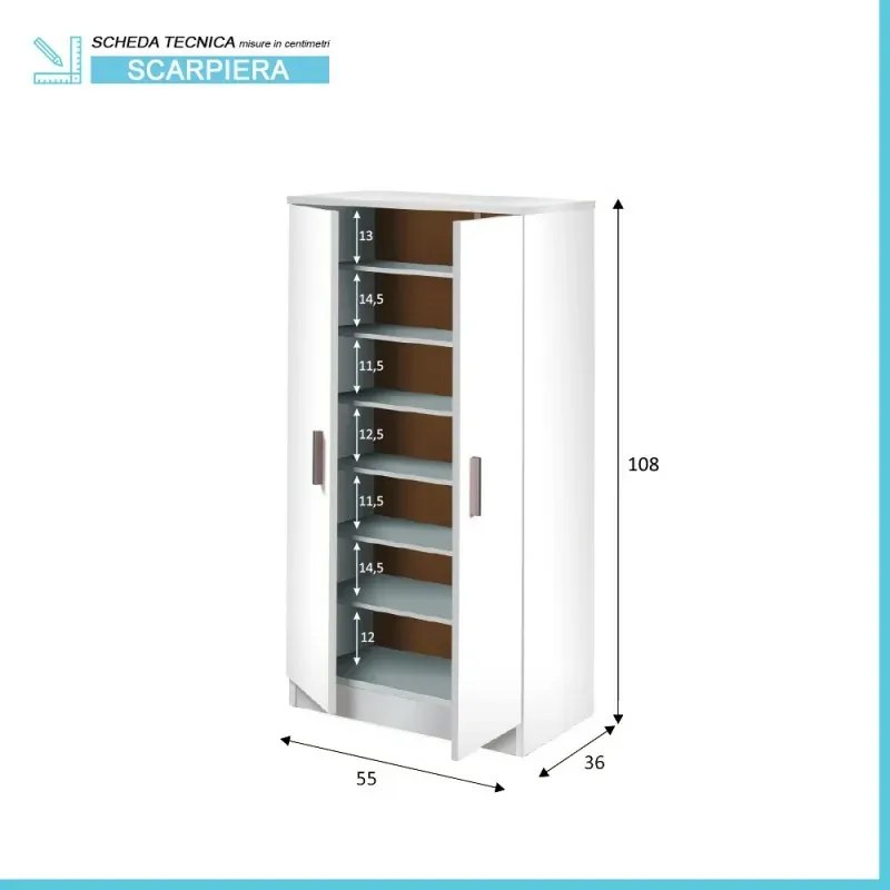 Mobile scarpiera H 108 cm bianco in legno con 2 ante e 6 ripiani