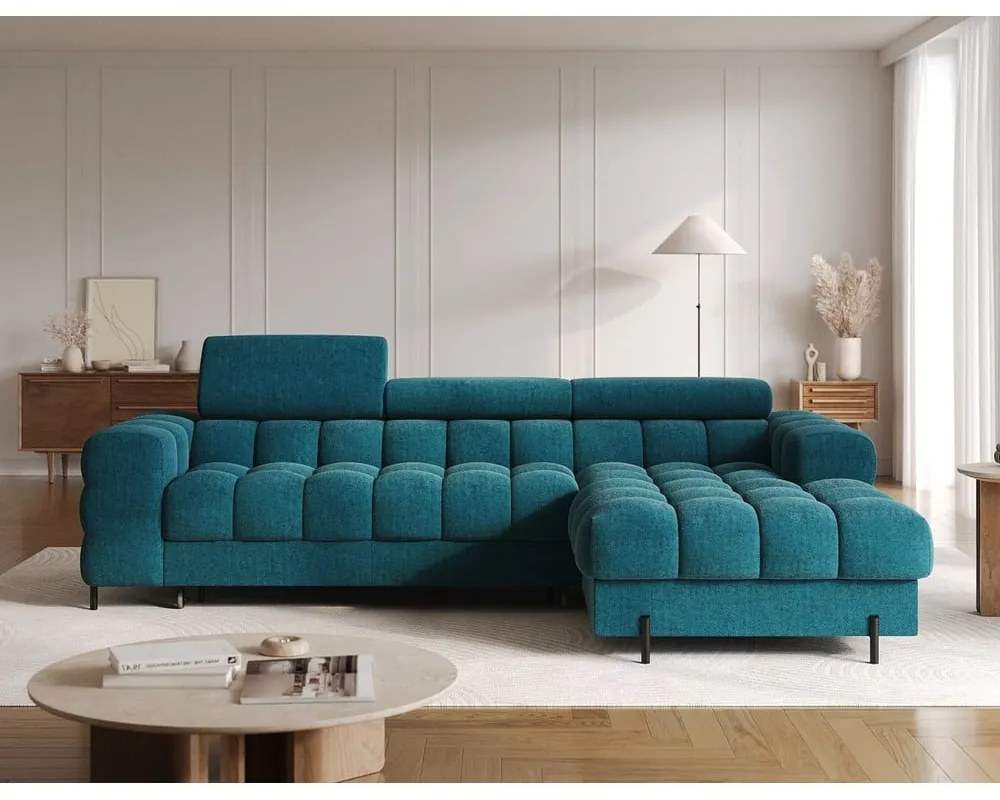 Divano angolare blu allungabile/con contenitore (con penisola a destra/con chaise lounge) con rivestimento in bouclé Felro – ELTAP