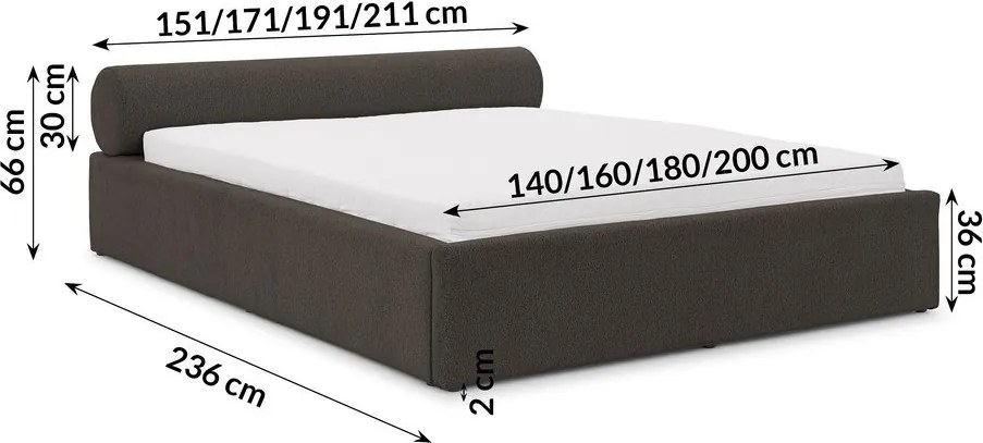 Letto matrimoniale imbottito grigio scuro con contenitore con rete inclusa 140x200 cm Cille – Ropez