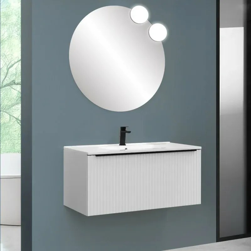 Mobile bagno sospeso 100 cm bianco opaco cannettato con cassetto, specchio e lavabo Nara