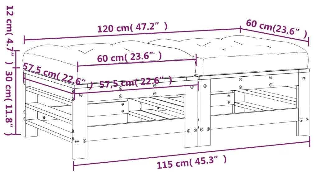 Poggiapiedi da Giardino con Cuscini 2 pz Legno Massello di Pino