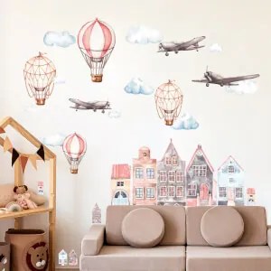 Adesivi per la cameretta dei bambini - Case e palloncini acquerellati | Inspio
