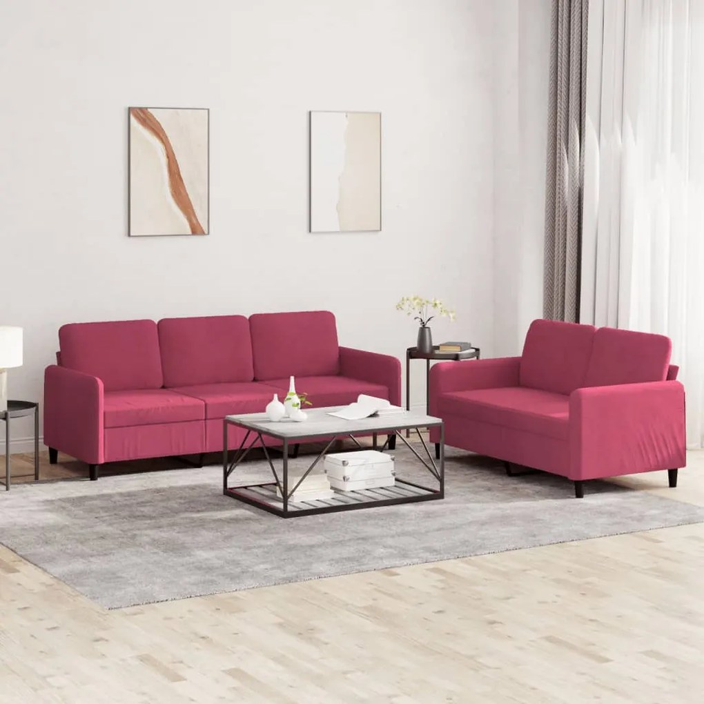 Set Di Divani 2 Pz Rosso Vino İn Velluto /