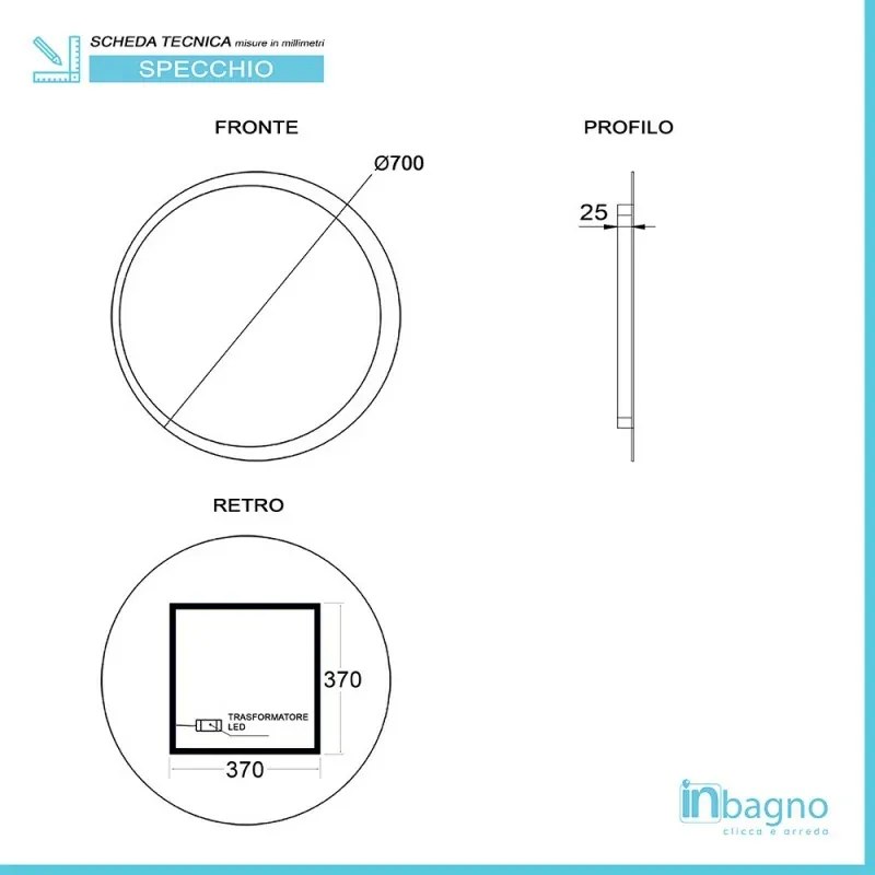 Specchio bagno 70 cm con retroilluminazione LED bianco naturale