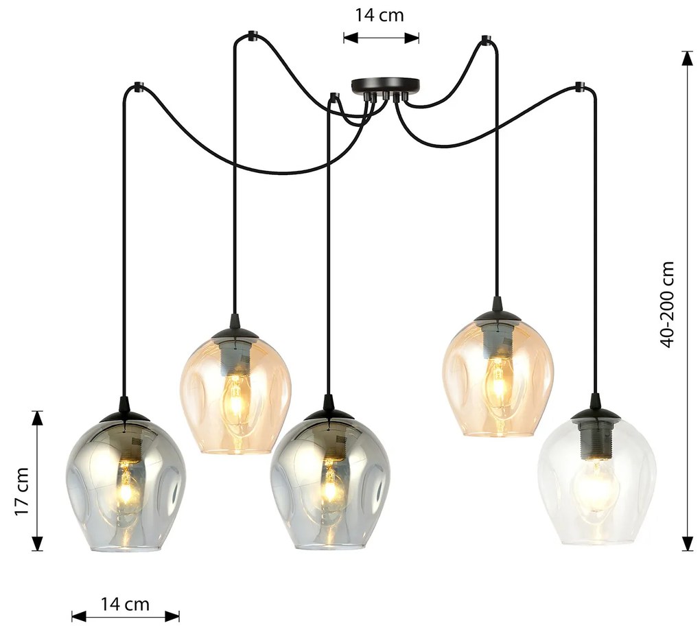 Sospensione 5 Luci Parsifal In Acciaio Nero E Vetro Multicolor Con Cavi Lunghi