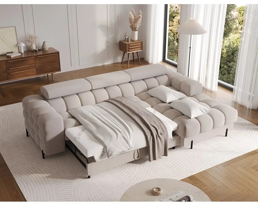 Divano angolare beige allungabile/con contenitore (con penisola a destra/con chaise lounge) e rivestimento in velluto Felro – ELTAP