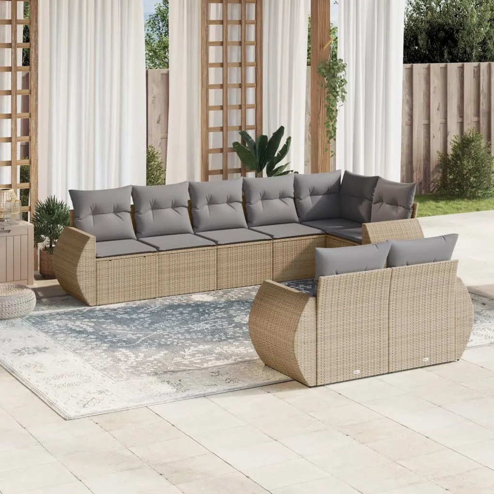 Set Divano da Giardino 8 pz con Cuscini Beige in Polyrattan