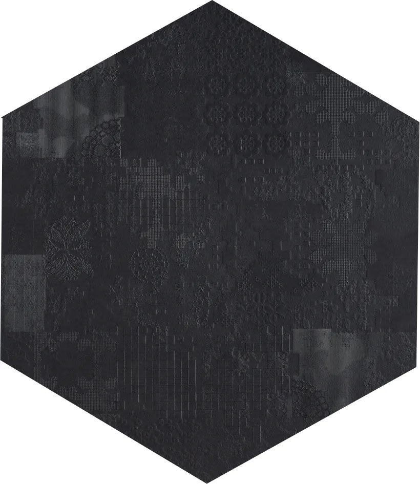 Mutina Dechiner Decor Piastrella Esagonale Rettificato Relief Spazzolato Cm 60x60 In Gres Porcellanato Nero