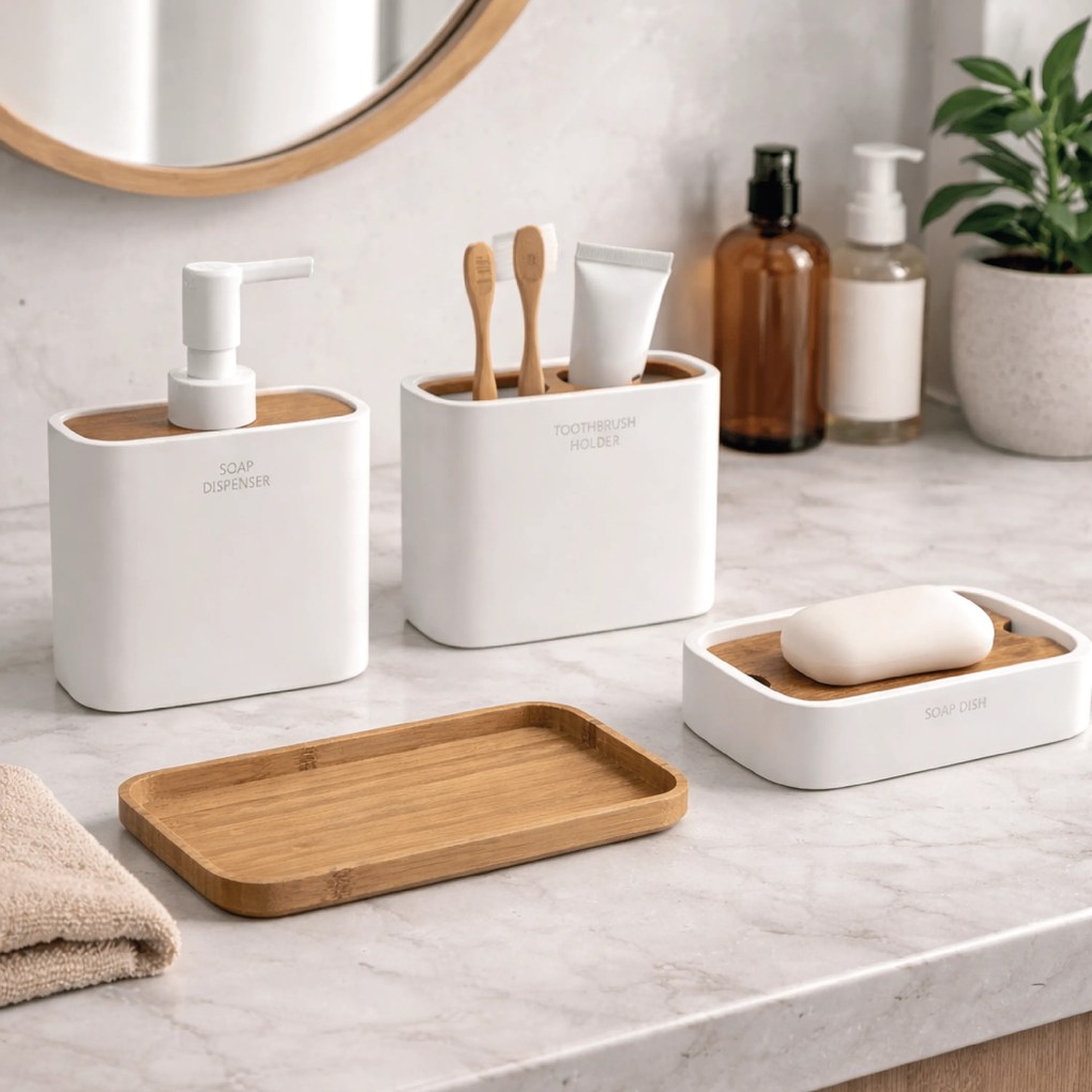 Set 4 Accessori D'Appoggio Gedy "Ninfea" Bianco/Bambù