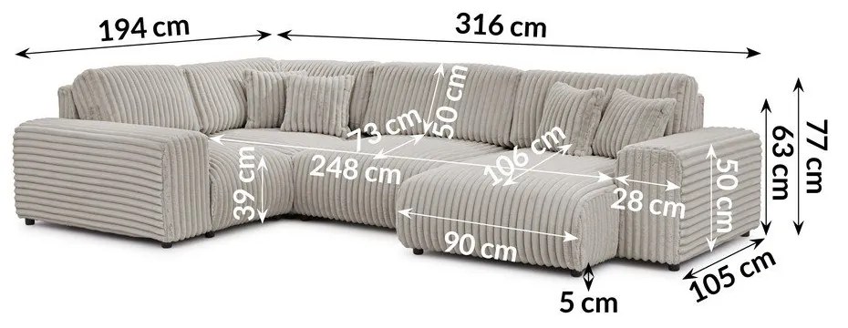 Divano angolare grigio chiaro (con penisola a sinistra/a U) rivestito in velluto a coste Justin – Ropez