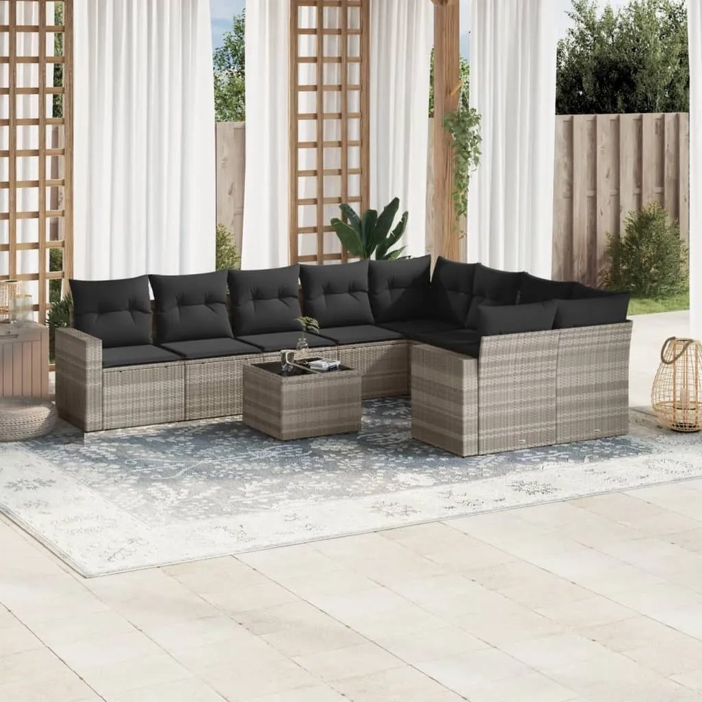 Set divano giardino 10 pz con cuscini grigio chiaro polyrattan