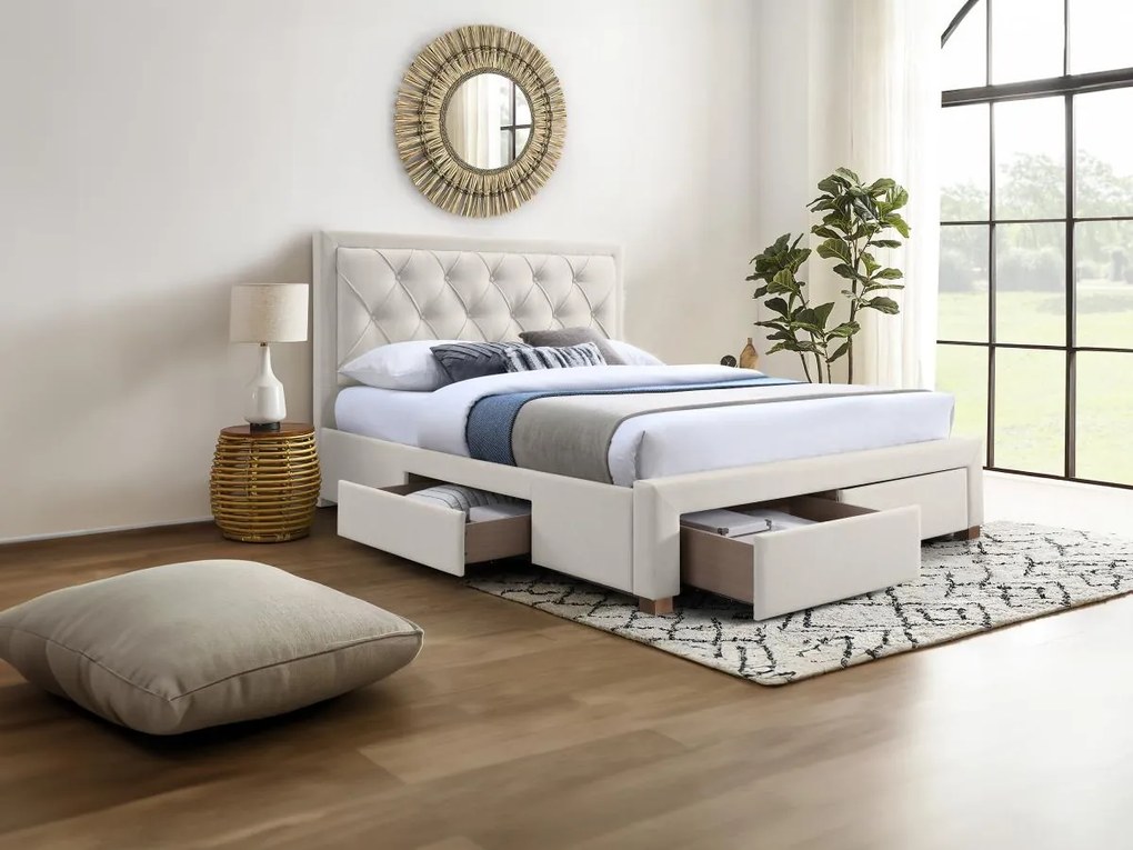 Letto con Cassetti 160 x 200 cm Tessuto Beige - LEOPOLD