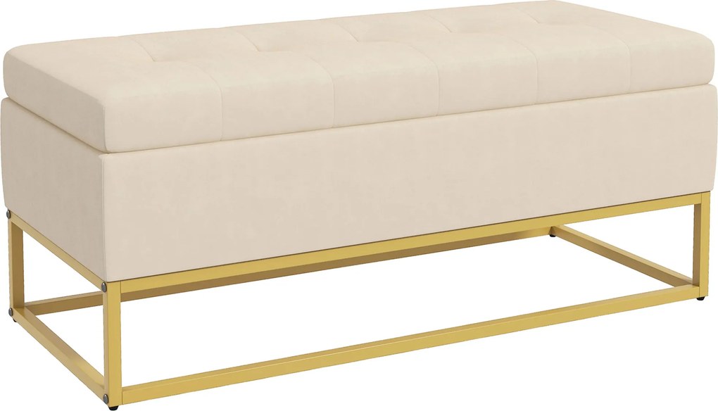Panca Contenitore Rettangolare 110x44x49 cm con Seduta Imbottita e Gambe in Acciaio Beige...