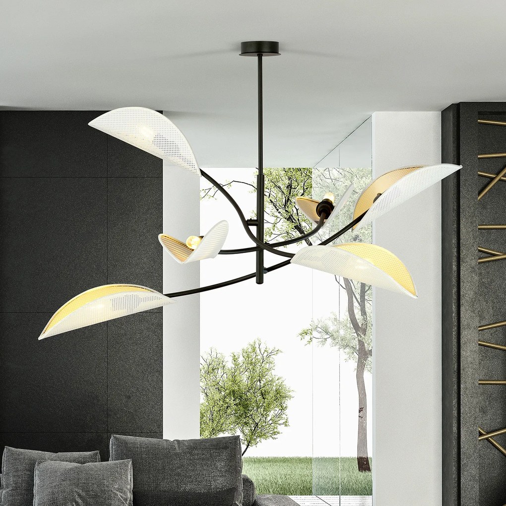 Sospensione Nordica 6 Luci Ares In Acciaio Nero Bianco E Oro Bracci Regolabili
