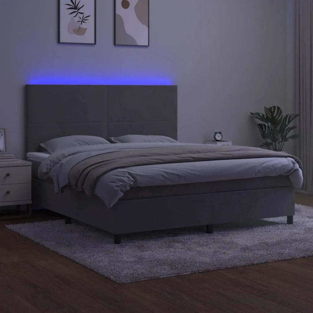 Letto a molle materasso e led grigio chiaro 180x200 cm velluto