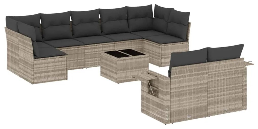 Set divano giardino 10 pz con cuscini grigio chiaro polyrattan