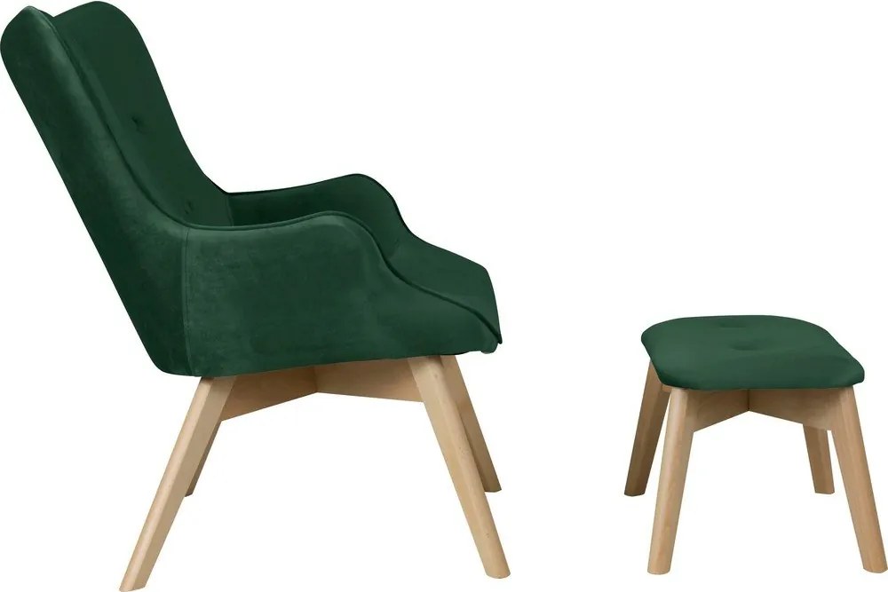 Poltrona con poggiapiedi verde scuro con rivestimento in velluto Niko – Ropez