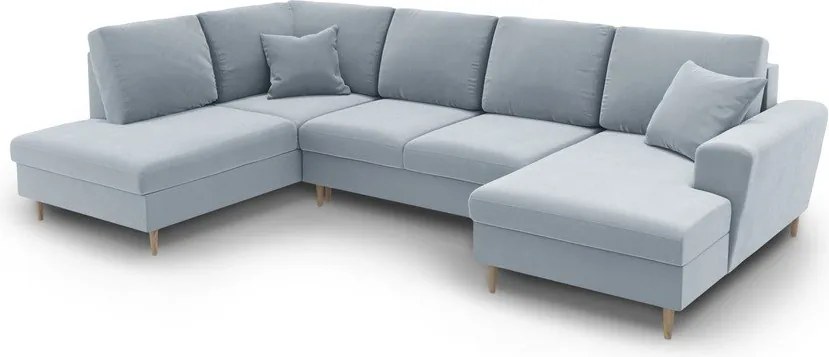 Divano angolare azzurro allungabile e con contenitore (con penisola a sinistra/a U) con rivestimento in velluto Kyoto – Cosmopolitan Design