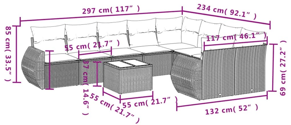 Set Divani da Giardino 10pz con Cuscini in Polyrattan Nero