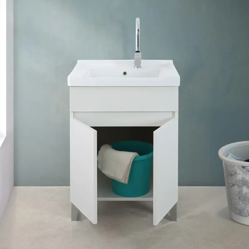 Mobile lavatoio 60x46,8 cm bianco frassinato con vasca in ceramica bianca